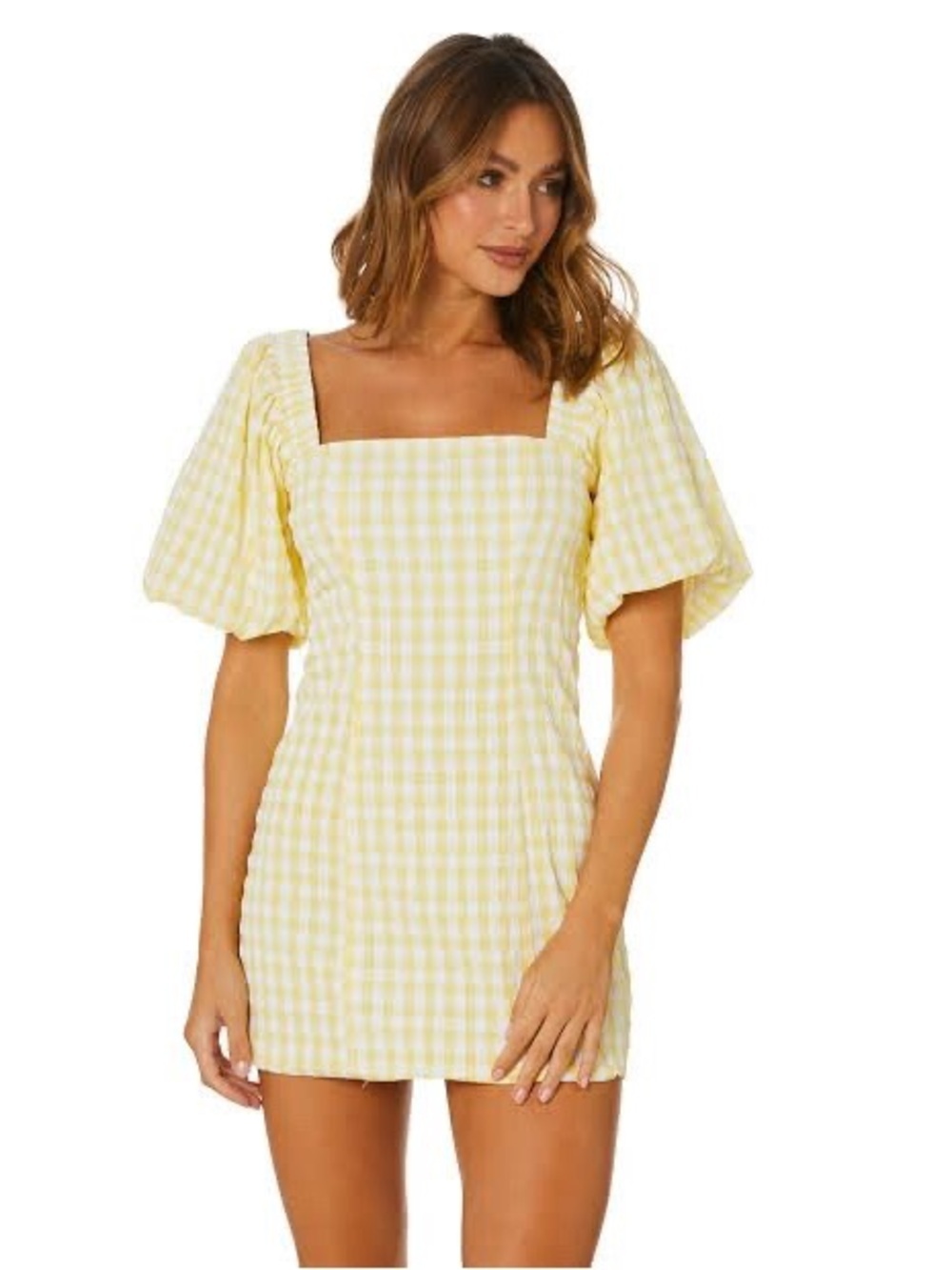 SNDYS Revolve Gingham Puff Sleeve Square Neck Mini Dress Large Yellow White